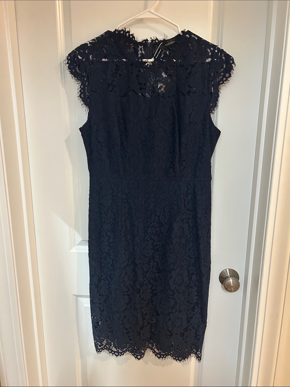 Navy Lace Midi Dress with Scalloped Edge